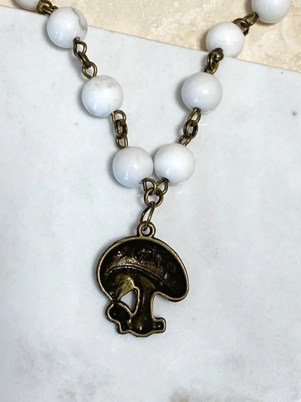 Genuine White Magnesite Short Necklace, Natural Gemstone & Bronze Round Mushroom - Picture 5 of 14